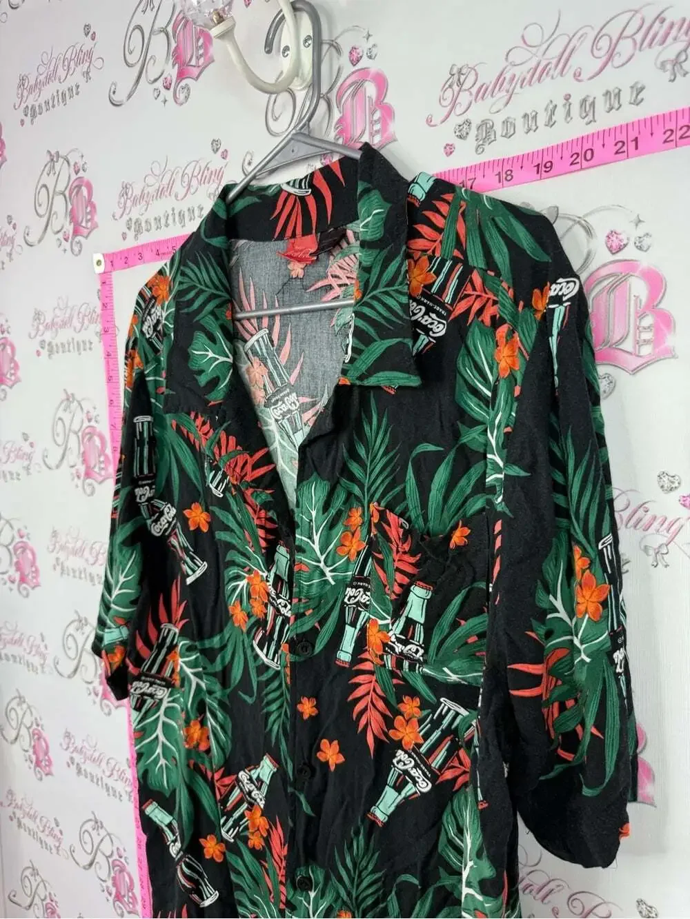 Coca Cola Black Tropical Button-Up Shirt with Green and Orange Print